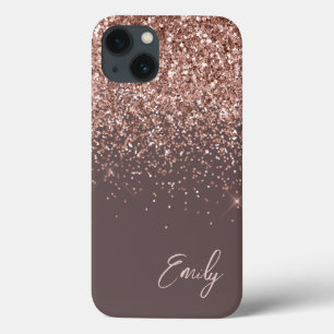 テラコッタ赤面ピンクローズ金ゴールドグリッターモノグラム iPhone 13ケース