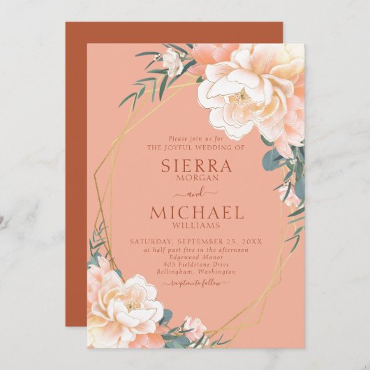 テラコッタ赤面ピーチクリーム金ゴールドフローラ結婚ズ 招待状 (正面/裏面)