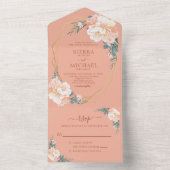 テラコッタ赤面金ゴールドピーチクリームフローラ結婚ズ オールインワン招待状 (内側)
