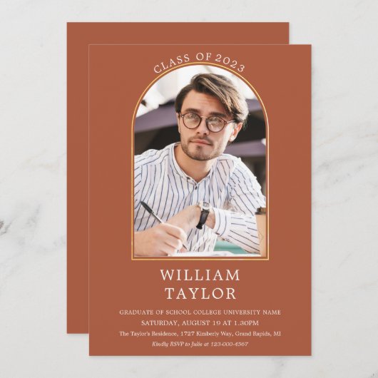 テラコッタ金ゴールドアーチフォト卒業パーティインビタ 招待状 (正面/裏面)