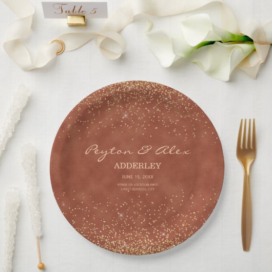 テラコッタ金ゴールドグリッターウェディングレセプション ペーパープレート (ウェディング)