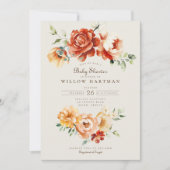 テラコッタ金ゴールドバラフローラアーチ秋ベビーシャワー 招待状 (正面)