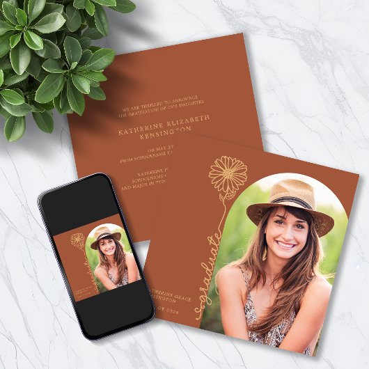 テラコッタ金ゴールド手書きフローラアーチ卒業 招待状