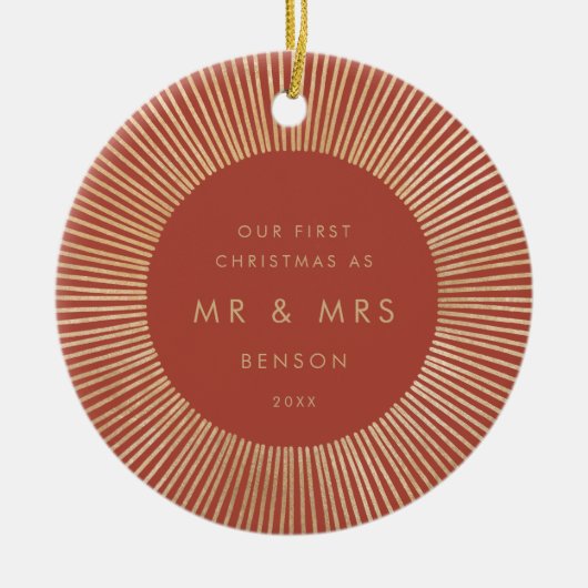 テラコッタ金ゴールド日が差すことアールデコ初めてのクリスマス セラミックオーナメント (正面)