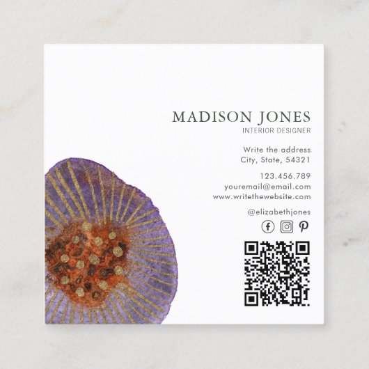 テラコッタ金ゴールド水彩インテリアデザイナー スクエア名刺 (裏面)