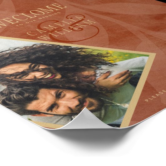 テラコッタ金ゴールド秋の結婚式フォトウェルカムサイン ポスター (角)