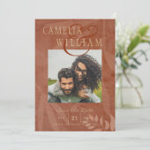 テラコッタ金ゴールド秋の結婚式PHOTO日付を保存 招待状 (スタンド正面)