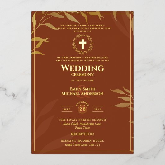 テラコッタ金ゴールド結婚カソリッエレガントクフォーマルス 箔招待状 (正面)