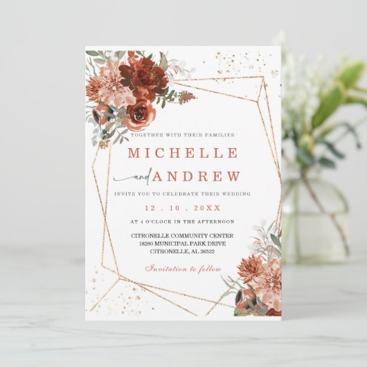 テラコッタ金ゴールド結婚式招待状テンプレート 招待状 (スタンド正面)