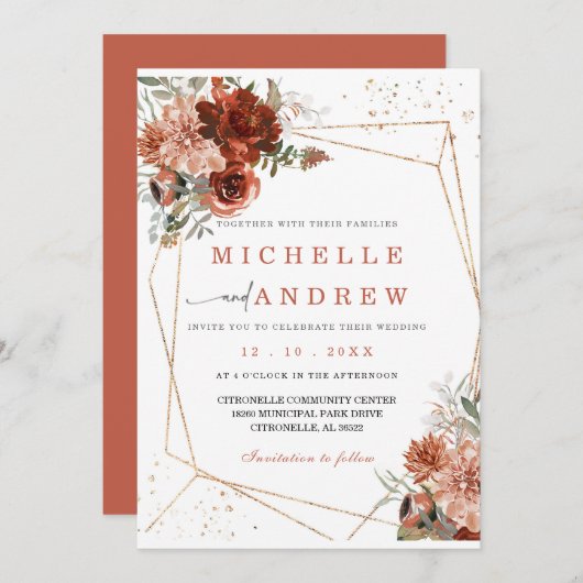 テラコッタ金ゴールド結婚式招待状テンプレート 招待状 (正面/裏面)