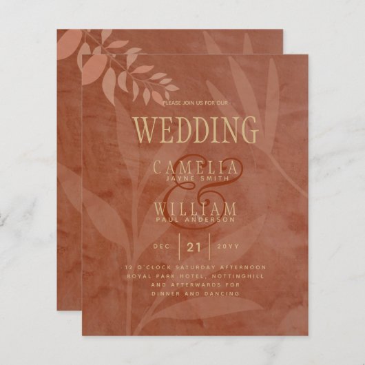 テラコッタ金ゴールド葉秋の結婚式モダン (正面/裏面)