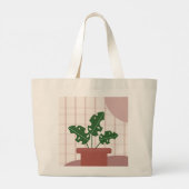 テラコッタ鉢植えのモンステラの葉 ラージトートバッグ (裏面)