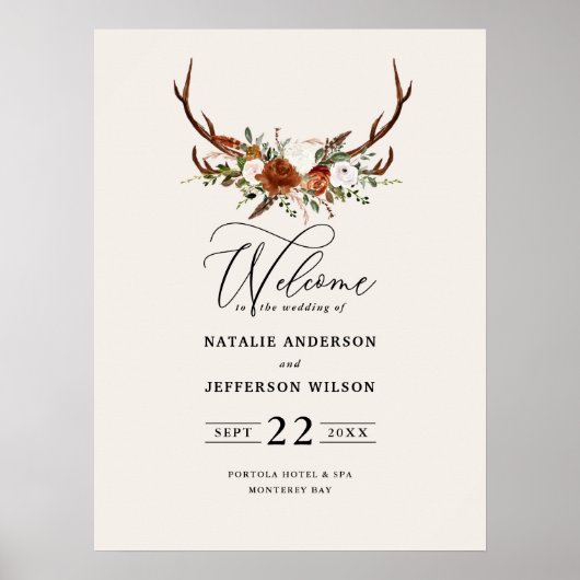 テラコッタ錆びフローラ結婚スタッグの歓迎フォーム ポスター (正面)