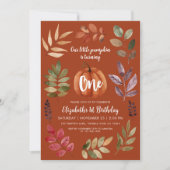 テラコッタ1stバースデーウォーターカラーパンプキン葉、 招待状 (正面)