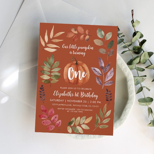 テラコッタ1stバースデーウォーターカラーパンプキン葉、 招待状