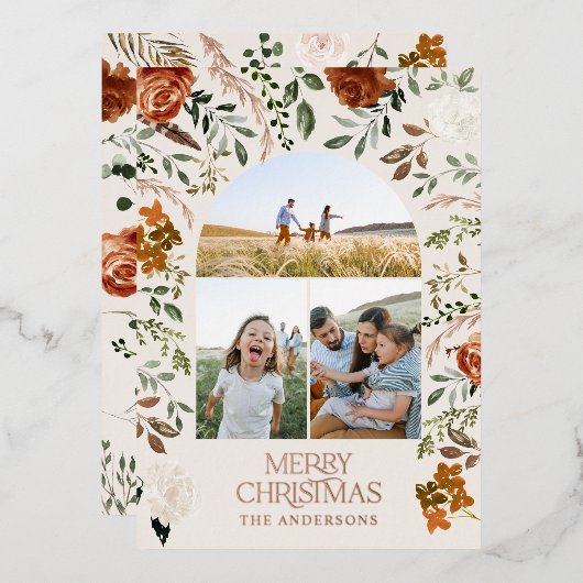 テラコッタ3写真植物学エレガントのアーチ休日 箔シーズンカード (正面/裏面)