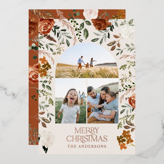 テラコッタ3写真植物学エレガントのアーチ休日 箔シーズンカード (正面/裏面)