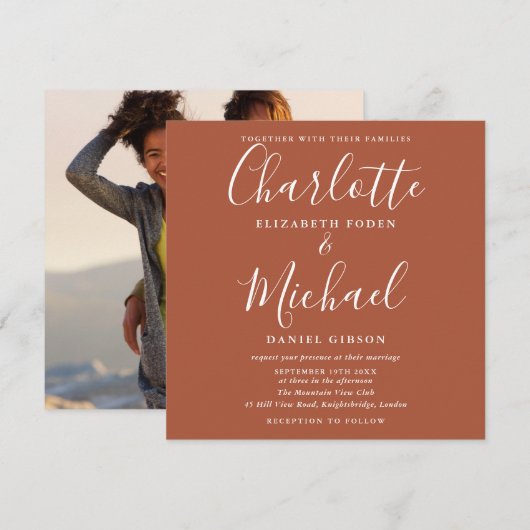 テラコッタ エレガント スクリプト 結婚式 フォト 招待状 (正面/裏面)