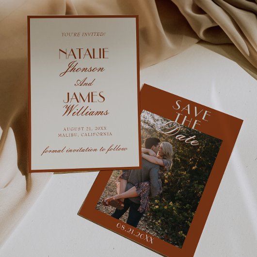 テラコッタ オレンジ レトロ お金 結婚式の写真 セーブザデート