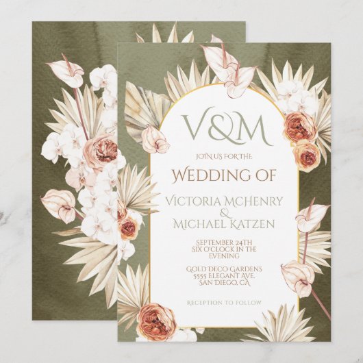 テラコッタ&カーキ葉パームストロピカル結婚スイン 招待状 (正面/裏面)
