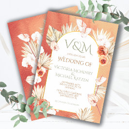 テラコッタ&カーキ葉パームトロピ結婚カル 招待状