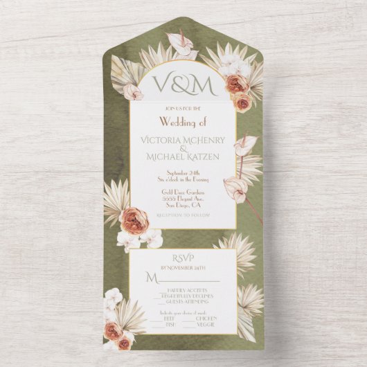 テラコッタ & カーキ パームリーフ ウェディング オールインワン招待状 (内側)