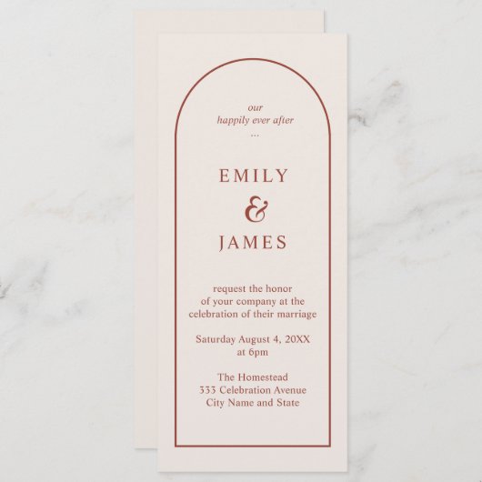 テラコッタ&クリームアーチミニマリストロング結婚ズ 招待状 (正面/裏面)