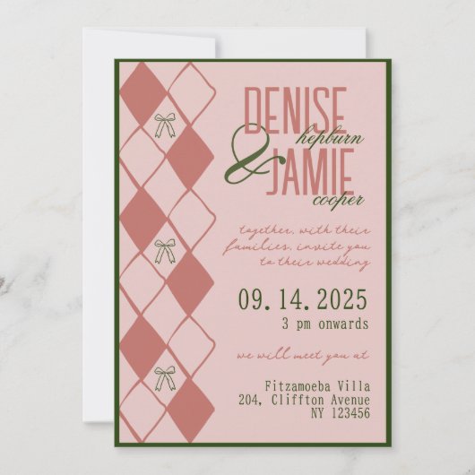 テラコッタ&グリーンアーガイルボウ名門私立校風の秋の結婚式 招待状 (正面)