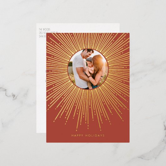 テラコッタ＆ゴールドのサンburstフレーム クリスマス写真 箔シーズンポストカード (正面/裏面)