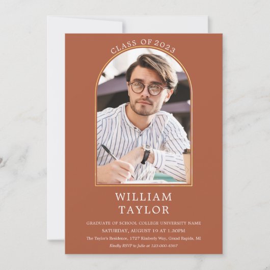 テラコッタ ゴールド アーチ フォト 卒業パーティー 招待状 (正面)