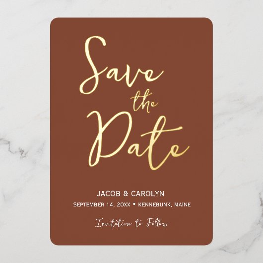 テラコッタ ゴールド ウェディング Save the Date 箔招待状 (正面)