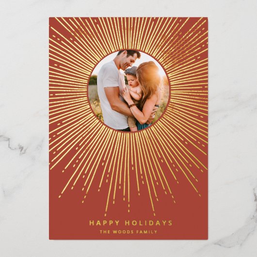 テラコッタ＆ゴールド サンバーストフレーム アートデコ フォト 箔シーズンカード (正面)