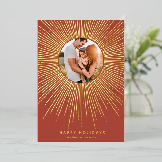 テラコッタ＆ゴールド サンバーストフレーム アートデコ フォト 箔シーズンカード (立ち正面)