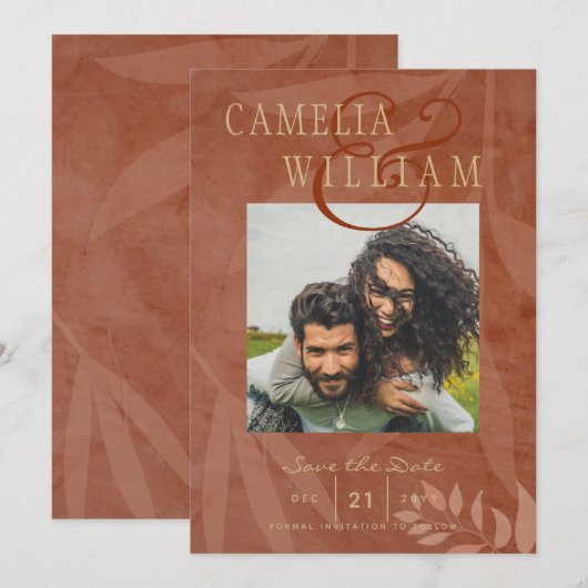 テラコッタ ゴールド フォール ウェディング フォト セーブ・ザ・デート 招待状 (正面/裏面)