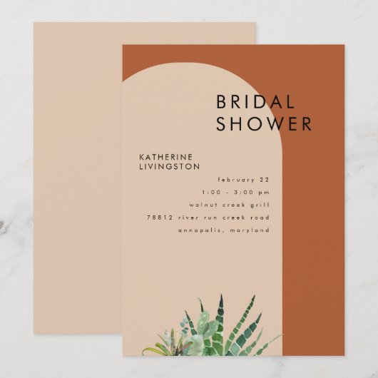 テラコッタ サボテン 幾何学 結婚前パーティー 招待状 (正面/裏面)