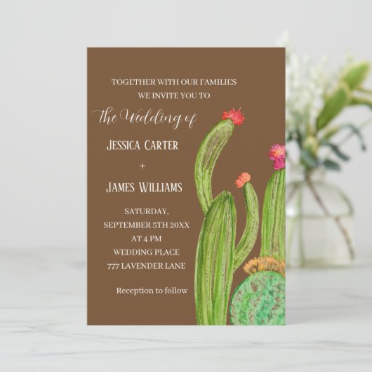 テラコッタ サボテン 砂漠 メキシコ 水彩 結婚式 招待状 (スタンド正面)