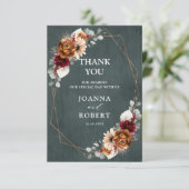 テラコッタ サージ バーガンディ フローラル ジオメトリック ウェディング サンキューカード (スタンド正面)