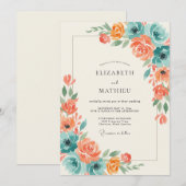 テラコッタ+シアン色の芍薬の結婚式 招待状 (正面/裏面)