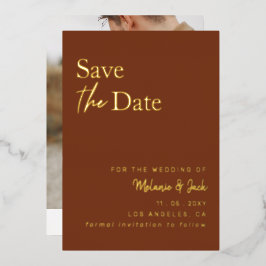 テラコッタ シンプル カリグラフィー 写真付き Save The Date 箔招待状