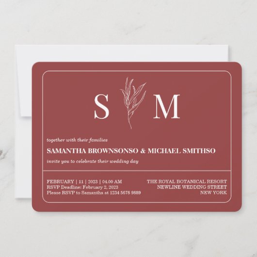 テラコッタ シンプル フラワー ウェディング 招待状 (正面)