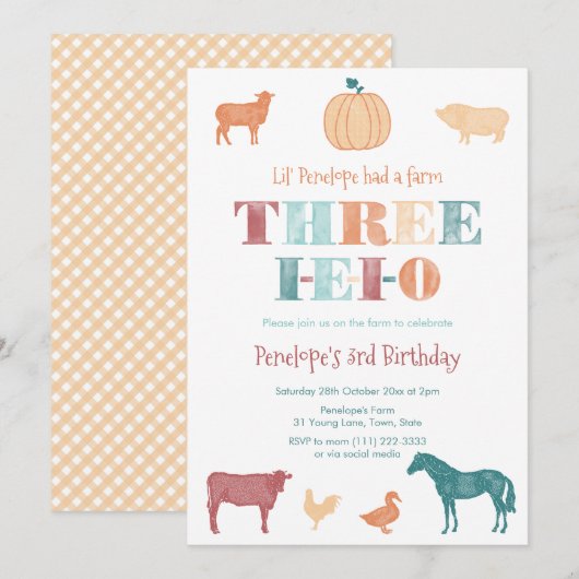 テラコッタ・スリー IEIO ファーム 3歳の誕生日パーティー 招待状 (正面/裏面)