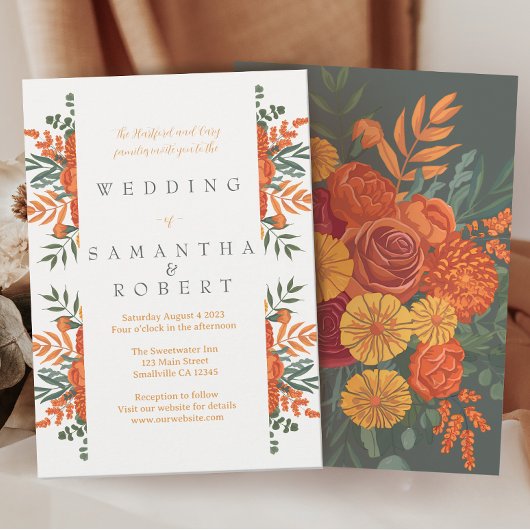 テラコッタ ティール ボヘミアンフォール フラワーボーダー 招待状