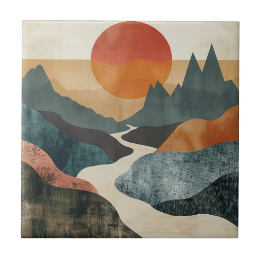 テラコッタ+ティール+山+夕焼け+川+風景 タイル (正面)