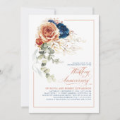 テラコッタ&ネイビーブルー結婚フローラ記念日 招待状 (正面)