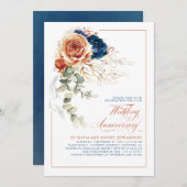 テラコッタ&ネイビーブルー結婚フローラ記念日 招待状 (正面/裏面)