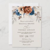 テラコッタ ネイビーブルー パンパスグラス QRコード 結婚式 招待状 (正面)