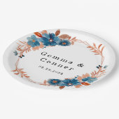 テラコッタ ネイビーブルー フラワー ウェディング ペーパープレート (アングル)