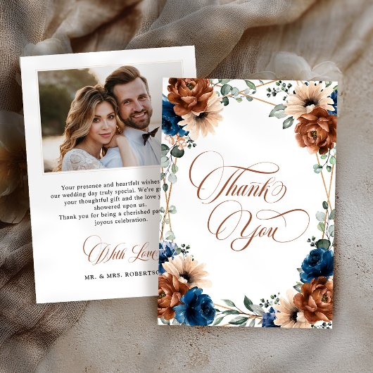 テラコッタ ネイビーブルー 緑の写真 結婚式 サンキューカード
