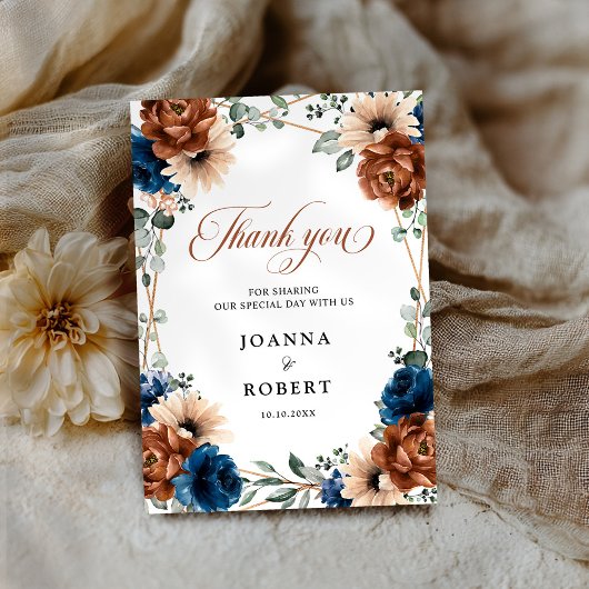 テラコッタ ネイビーブルー 緑の幾何学的な結婚式 サンキューカード