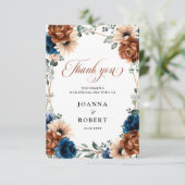 テラコッタ ネイビーブルー 緑の幾何学的な結婚式 サンキューカード (スタンド正面)